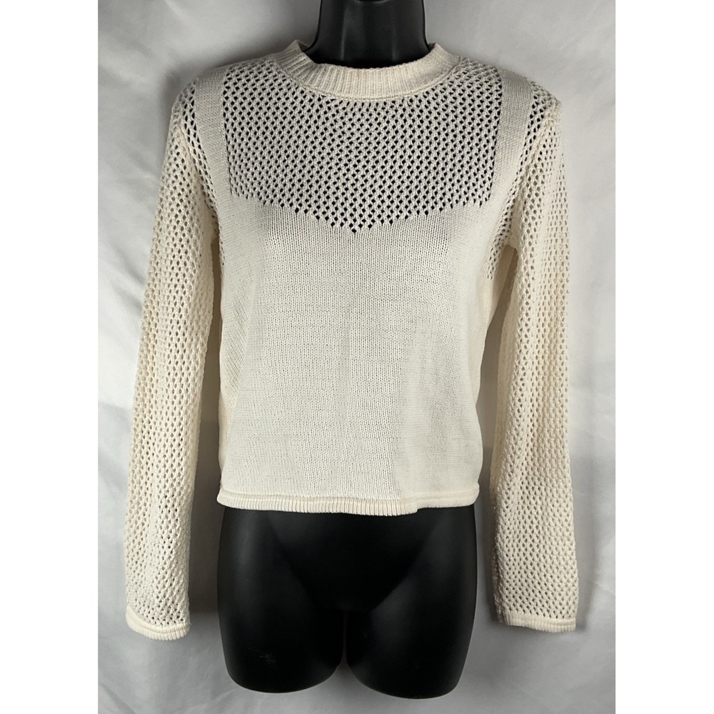 Zara Women's Size M Cream Crop Sweater Open Knit Top & Sleeves Tight Knit Bottom